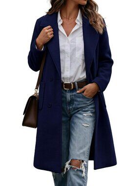 Women's Navy Lapel Collar Long Sleeve Pockets Outerwear Casual Long Trench Coat